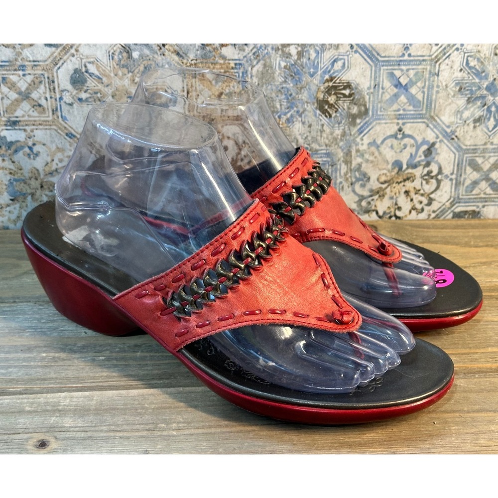 Hush Puppies Thong Sandals Red Leather Wedge Braided Chain Womens 8.5